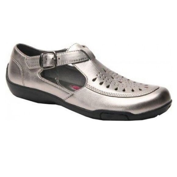 Ros Hommerson CAMEO Metallic Pewter Perforated Fisherman Loafer Sandals - Picture 1 of 16